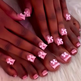 48Pcs Pink French Tips Press on Nails Skin Tones Press on Toenails Duck Stick on Nails with 5D Bow Charm Design Full Cover Pink Fake Nails Glossy Summer False Toenails for Women Girls DIY Manicure