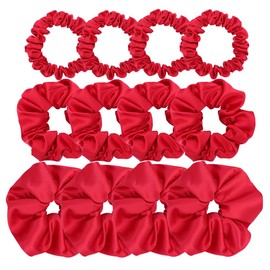 Pack of 12 Premium Satin Silk Scrunchies Hair Ties for All Hair Type Women Girls Ponytail Holder Elastic Hair Bands Scrunchy Accessories (Mix 3 Sizes Red)