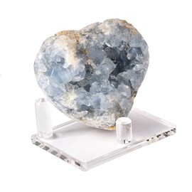 AMOYSTONE Natural Celestite Geode Blue Healing Crystals Heart Celestite Stone Raw Blue Quartz Large Celestite Crystals for Reiki, Home Decor with Plastic Stand 2.8"-3.2"
