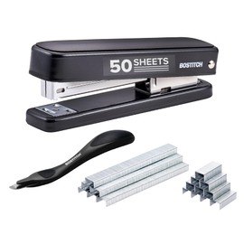 Bostitch Titan Heavy Duty Metal Stapler, 50 Sheet Capacity with 1250 Staples and Ergonomic Staple Remover, Jam Free Stapling, Full Strip Stapler for Desk, Office and Classroom, Black