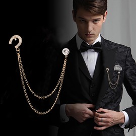Horseshoe U Tassel Chain Brooch Collar Pin Rhinestone Solitaire CZ Brooches Lapel Pins Suit Shirt Tuxedo Corsage Accessories Fashion Wedding Anniversage Party Jewelry for Women Men (Gold)