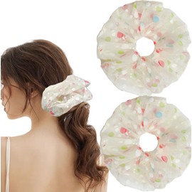 2 Pcs Spring Women's Large Lace Floral Scrunchies for Thin Thick Curly Hair, Strawberry Fruit Love Heart Big Hair Ties Elastic Hair Bands Ponytail Holders for Autumn (7inches mulitcolor polka dot)