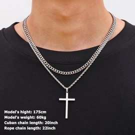 Fiusem Cross Necklace for Men, Silver Tone Mens Cross Necklaces Layered Cross Chain and Stainless Steel Cross Pendant Medium, Cuban Link Rope Chain 18in/20in