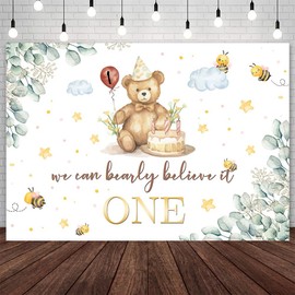 AIBIIN 7x5ft Bear 1st Birthday Backdrop We Can Bearly Believe It One Photography Background Bear Bee First Birthday Party Party Decorations Banner Photo Props