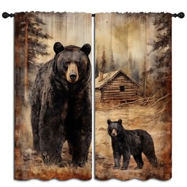 PYMATYTN Black Bear Blackout Curtains for Boys Girl Bedroom Decor,Retro Cabin Coniferous Forest Wildlife Thermal Insulated Rod Pocket Drapes Darkening Window Curtain for Living Room Home 42x45 inch