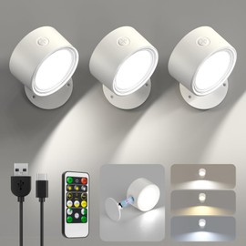 LED Wall Sconces 3 Pcs with Remote, Wall Mounted Lights Rechargeable Battery Operated, 3 Color Temperatures & Dimmable Wall Lamp Magnetic 360° Rotation Wireless Light for Bedroom Living Room