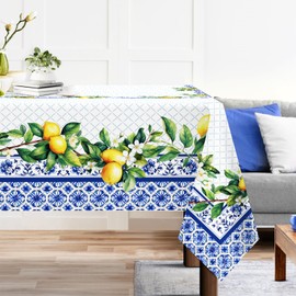 Arquiel Spring Summer Tablecloth 55×70 inch, Waterproof Blue Lemon Table Cloth Washable, Stain Resistant Cloth Table Cover for Party Picnic Dinner Decor (Lemon)