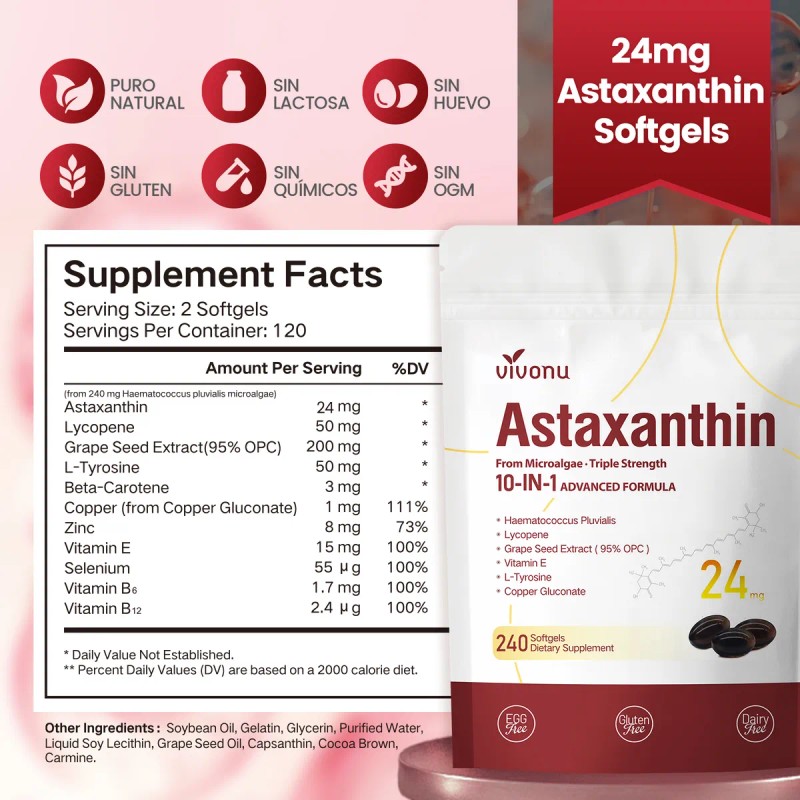 Suplementos De 10 En 1 Astaxantina 24 Mg,dosis De 120