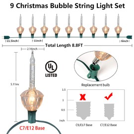 Christmas Bubble Lights Set of 9 Silver Bubble Lights, 8.8Ft Traditional Bubble Light with 10 Silver Glitter Bubble Bulbs(1 Spare), Vintage Bubble Lights for Holiday Christmas Lighting, Green Wire