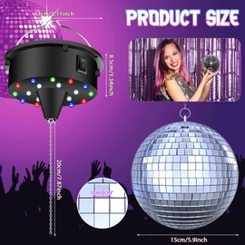 Disco Ball with Motor and Light, 5/8/10/15 RPM Variable Rotating Speed Disco Motor with 6 Inch Mirror Ball, 4 Colors Light with 18 LED Beads, 70s 80s School Theme DJ Party Essentials