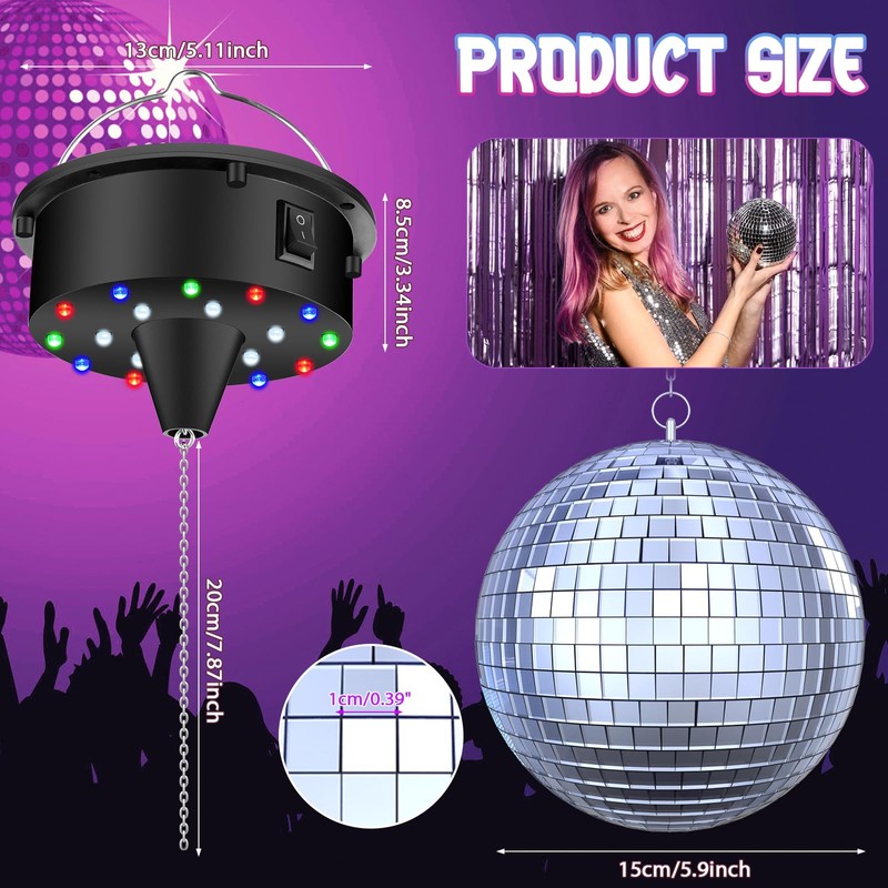 Disco Ball with Motor and Light, 5/8/10/15 RPM Variable Rotating