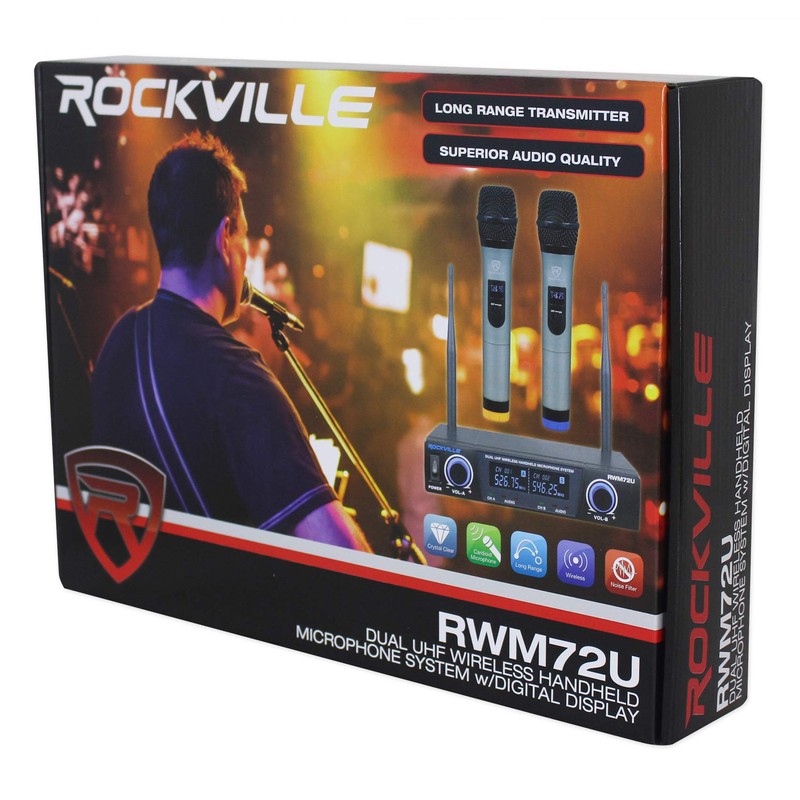 Rockville RWM72U Dual UHF Wireless Handheld Microphone System, Digital Display,