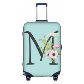 Travel Luggage Cover Spandex Blue Suitcase Protector Bag,Black Letter M Boho Floral Flowers Leaves Dust-Proof Washable Baggage Covers For Wheeled Suitcase Kid Adult,L (For 25-28 Inch Luggage)