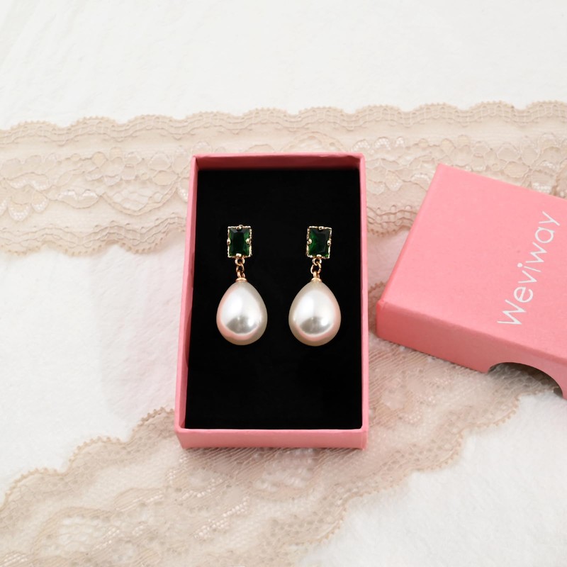 Pearl Drop Earrings with Emerald Green Crystal, 18K Gold Plated,