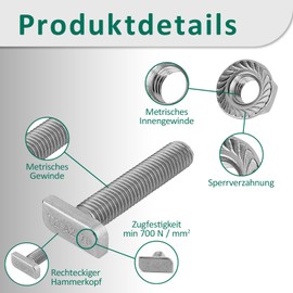 DSM - Hammer Head Screws with Flange Nut M10 x 50 mm - Type 28/15 - A2 Stainless Steel - Nut with Locking Toothing According to DIN 6923 - Mounting Kit for Aluminium Profiles, Solar Modules, C