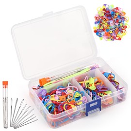 Reessy 300pcs Crochet Stitch Markers, Aditional 9 Pcs Big Eye Sewing Needles with Plastic Box for Knitting Sewing, Plastic Knitting Markers for Handwork Knitting Craft