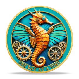 Inspirational Challenge Coin One Day at a Time Motivational Design with Quote (Gears Seahorse)