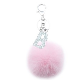 Unpafcxddyig Pom Pom Keychain Artificial Fur Pink Ball Rhinestone Alphabet Letter Key Rings for Car Handbag Charm Tote Pendant,B