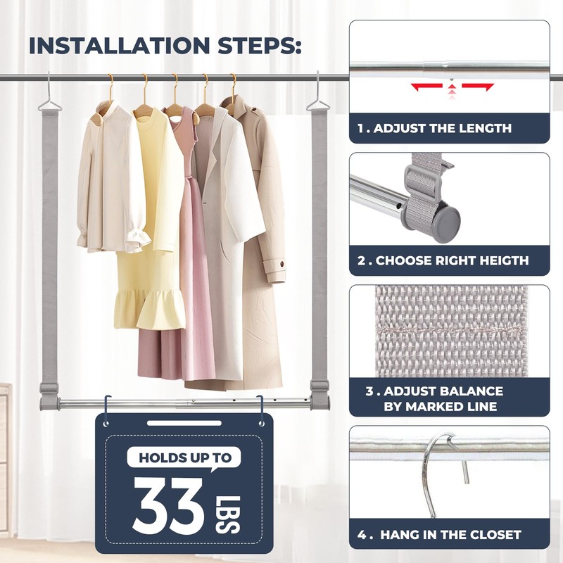 STO STO Closet Hanging Rod, Length and Height Adjustable Closet