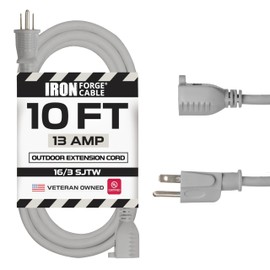 Iron Forge Cable Gray Outdoor Extension Cord 10 ft, 16/3 SJTW 10 Foot Grey 3 Prong Extension Cord Outdoor & Indoor, Weatherproof 13 Amp Heavy Duty Power Cable