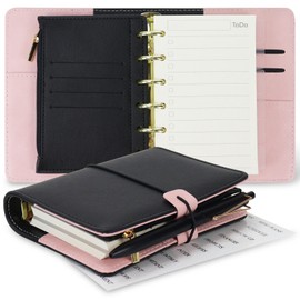 A7 Binder Refillable Planner Notebook 6 Ring, Portable Leather Organizer with Zippered Pocket, To-Do & Blank Refill Papers, Dividers, Monthly Sticker, Pen, for Students, Professionals, Travel (Black & Pink)