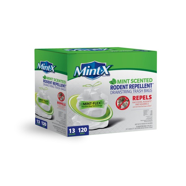 Mint -X Rodent Repellent Indoor Tall Kitchen Drawstring Trash Bags with Mint-Flex Technology; 13 Gallon, 120 Count, White