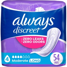 Always Discreet Adult Moderate Long Incontinence Pads, Up to 100% Leak-Free Protection, 54 Count