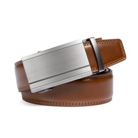 Drowsmen Belt men,leather ratchet belt 1 3/8" with Click Sliding Automatic Buckle, Adjustable belt Trim to Fit (Sliver buckle Cognac belt, 32"-38" Waist Adjustable)