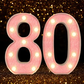 Marquee Numbers Light up Numbers, 0-9 Number Battery Powered LED Light, Pink Glitter Plastic Numbers for 80th Birthday Decorations, Number Decor for Graduation Engagement Wedding Birthday (Number 80)