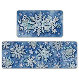 Tailus Winter Snowflake Blue Kitchen Rugs Set of 2, Let It Snow Kitchen Mats Decor, Seasonal Floor Door Mat Home Decorations - 17x29 and 17x47 Inch