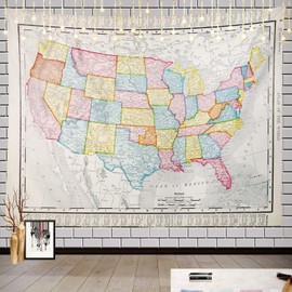 Batmerry Map Atlas USA Vintage Tapestry,Color Block Historic Map of The United States Wall Hanging Decoration Polyester Fiber White Ruffled Around for Dorm Room Bedroom Living Room, 51.2x59.1 inches