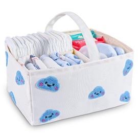 HOMIGLAM Baby Diaper Caddy Organizer with Handle - Durable Canvas Storage Basket with Cloud Embroidery, Portable Nursery Organizer for Newborn Essentials, Diaper Travel Bag, Baby Shower Basket-Blue