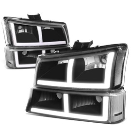 Auto Dynasty LED DRL Headlights Assembly Compatible with 2003-2007 Chevy Avalanche Silverado 1500 2500 3500, 4Pcs Headlamps w/LED Signal Lamps, F-LED Switchback DRL, Black Housing Clear Corner