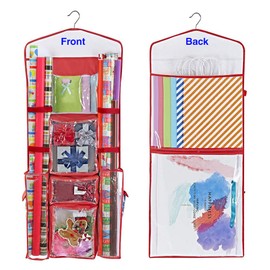 Hanging Gift Wrapping Paper Storage Organizer Bag Double Sided Multiple Front and Back Pockets Organize Your Gift Wrap, Gift Bags Bows Ribbons 40"X17" Fits Long 40 Inch Rolls Clear PVC Bag (Red)