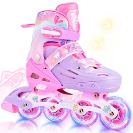 2PM SPORTS Kids Inline Skates for Girls Age 4-8 5-8 6-12 8-12 with Light Up Wheels, Adjustable Inline Skates for Women Youth Female Outdoor Indoor Size 11C 1 2 3 4 5 6 7 8 Pink Butterfly