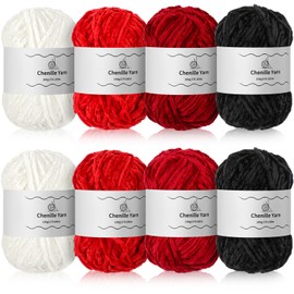 Timgle 8 Skein 1575yd Chunky Chenille Yarn for Crocheting, Fluffy Velvet Yarn Crochet, Soft Plush Chunky Stuff for Hand Knitting Blanket, 3.5oz(Creamy White, Bright Red, Second Red,Black)