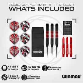 Winmau Darts Joe Cullen Rockstar 20g Brass Darts Set with Dart Flights and Dart Shafts (Stems) Including Checkout Card