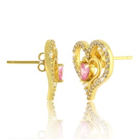 Women's Heart Stud Earrings Set Lovely Pink Earrings 18 Carat Gold Plated with Pink Zirconia Stones in AAA Quality, Jewellery Box and Certificate of Authenticity, Silver, Cubic Zirconia