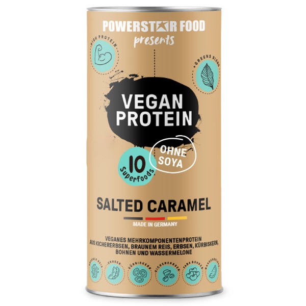 Powerstar Vegan Protein 500 g, Vegan Protein Powder without Soy, Multi-Component Protein Powder Supplemented with 10 Superfoods, Made in Germany, Ideal for Muscle Building, Salted Caramel