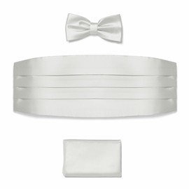 BRERA 67 Set Cummerbund Pocket Square and Bow Tie for Suit Various Sizes and Colours Made of Silk | Bow Tie with Pocket Square Accessories Set for Tuxedo Men | Belt for Evening Dress, White, S - M