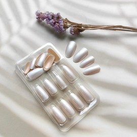 Almond Press on Nails White Gold Fake Nails Chrome False Nails with Designs Reusable Glue on Nails Medium Length Acrylic Nails Glossy Artificial Nails Glazed Doughnut Nails Nail Decorations for Women