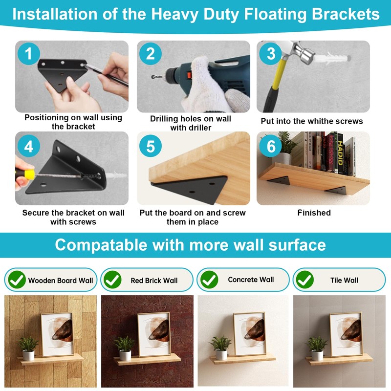 Pack of 4 Shelf Brackets, Invisible Shelf Brackets, Triangle Shelf