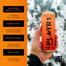 PLAYR1 No Artificial Sugar Energy Drink Pack 24 Orange Mango Banana Pineapple Caffeine Free, Electrolytes, Vitamin B12, Non Carbonated Gluten Free, Natural energy Drink