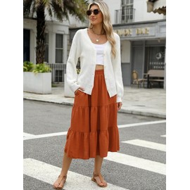 Lyrur Womens Skirts Fall 2024 Solid Color High Waisted Midi Skirts for Women Trendy Linen Skirt (S,9193-Dark Orange)