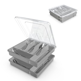 YICOCHI 2 Layer Large Silverware Tray with Lid,Stackable Utensil Organizer for Countertop,Removable Tray for Flatware Organizer,Gray