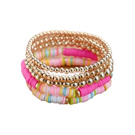 COLORFUL BLING 5Pcs/Pack Bohemia Surfer Gold Beaded Stackable Bracelet Rainbow Vinyl Disc Beaded Stretch Bracelets Friendship Boho Summer Beach Jewelry-rose pink