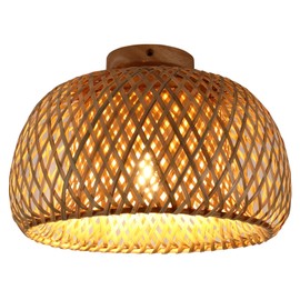 ZONJIE Rattan Ceiling Light - Natural Wicker Bamboo Ceiling Lights E27 Semi Flush Mount Ceiling Light Farmhouse Lighting Fixture Handmade Boho Cage Chandelier for Living Room Bedroom Kitchen Entryway