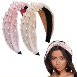 TELAIN Pack of 2 Beaded Knot Headbands for Women, Top Knot Hair Bands, Wide Headband for Women, Fashionable Thick Velvet Headband