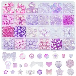 SOFPLATE 1 Box 344Pcs Purple Aesthetic Beads Acrylic Assorted Beads Cute Bowknot Candy Butterfly Heart Flower Stars Round Crystal Beads Bulk for Bracelet Necklace Jewelry Making DIY Crafts Phone Charm
