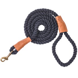 PetTify Dog Leash Braided Cotton Rope with Leather Tailor Handle and Heavy Duty Metal Sturdy Clasp - Strong and Eco-Friendly Lead for Dog Training and Walking (1.5m) (Black)